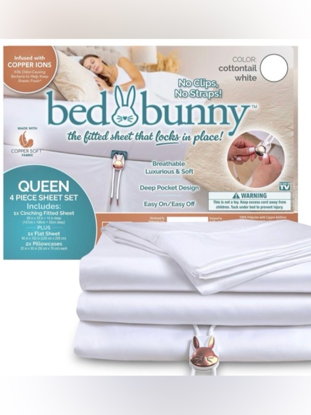 Queen Locking Fitted Bed Sheet Set in White Locks On Mattresses & Won’t Slip